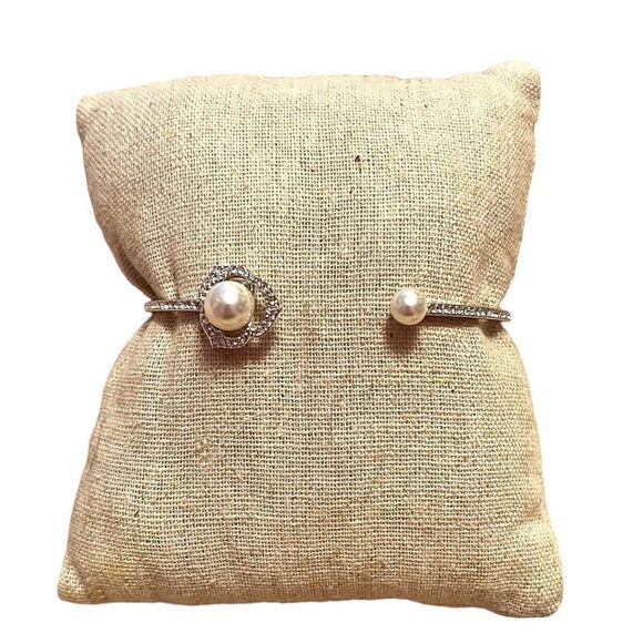 Rhinestone Pearl Silver Tone Clamper Bracelet - Picture 3 of 5